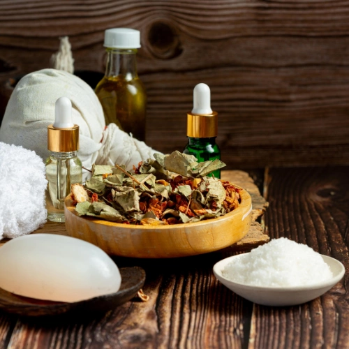 Ayurvedic herbs in bowls